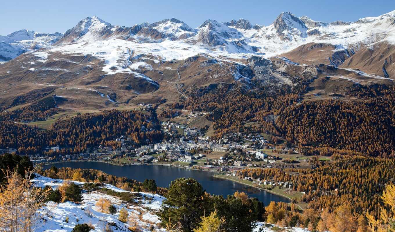 озеро, winter, октябрь, швейцария, moritz, muottas