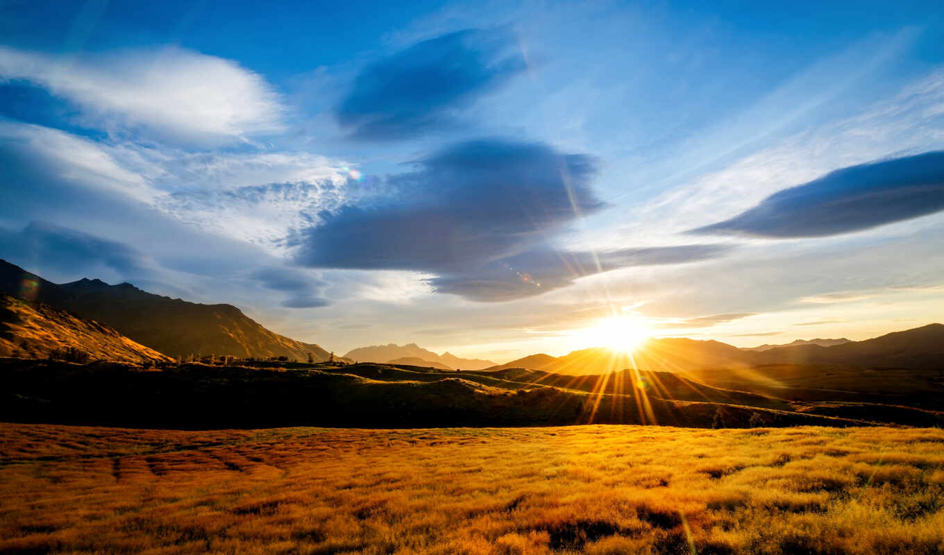 mountains, sky, background, grass, field, the sun, landscapes, mountain