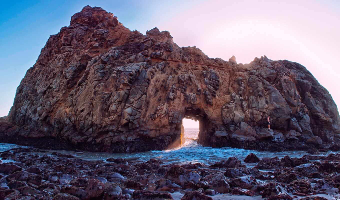 sun, sunset, beach, rock, california, random, usa, arch, national, fore, pfeiff