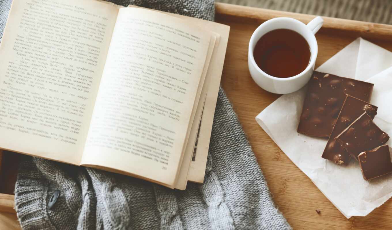 book, chocolate, cosiness, cup, tea, sweater