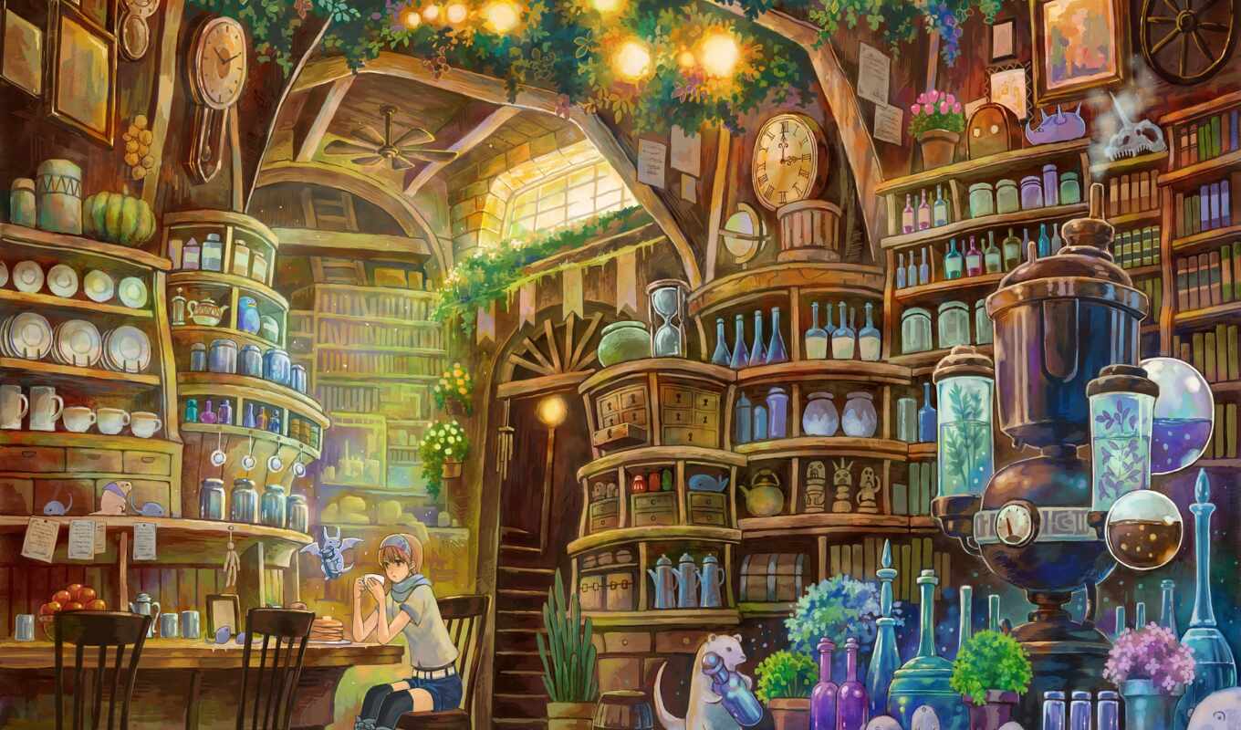 anime, girl, books, laboratory, library, equipment