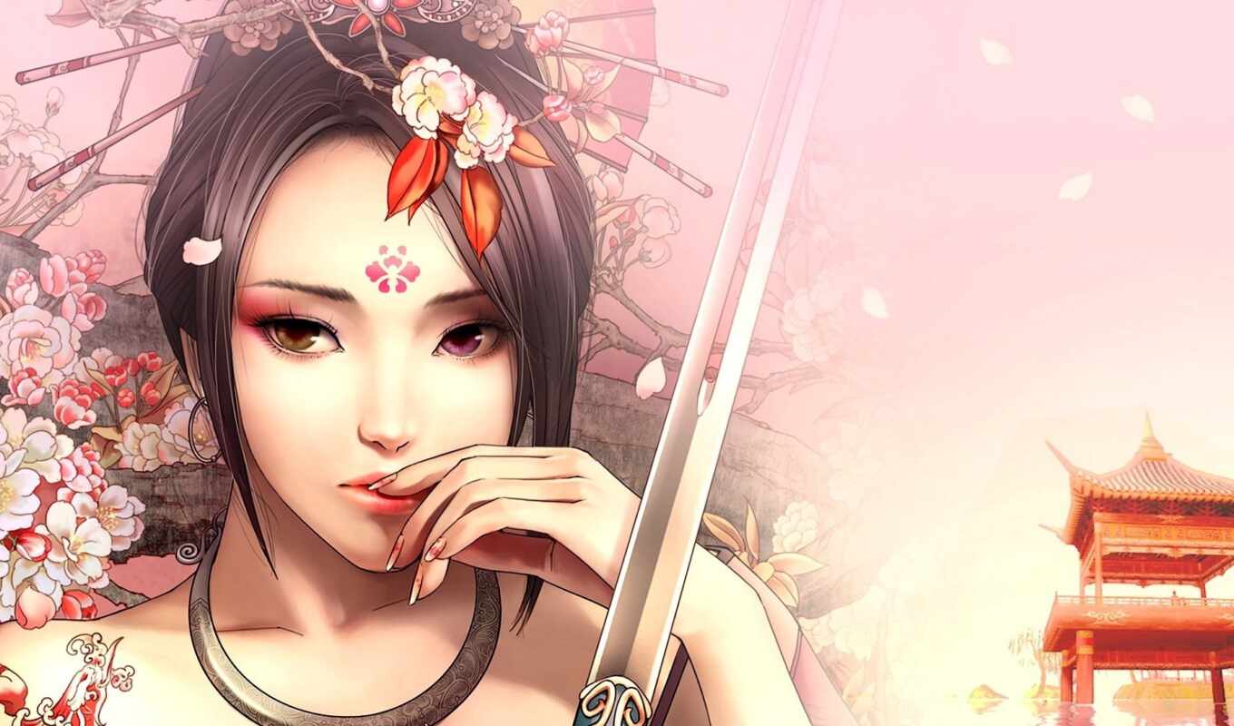 picture, geisha, sword