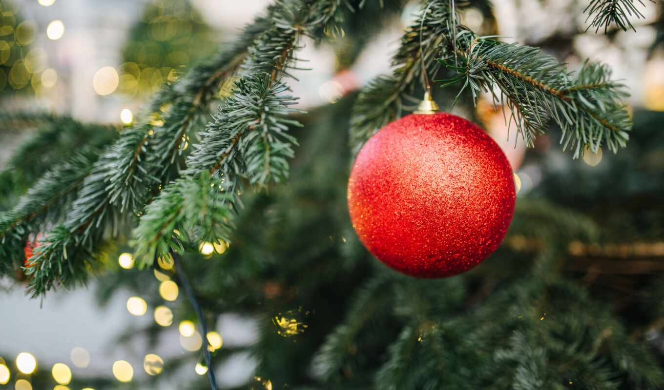 red, tree, christmas, ball, decoration