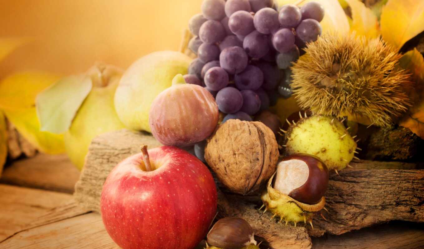 apple, осень, листва, виноград, фрукты, орехи, каштаны