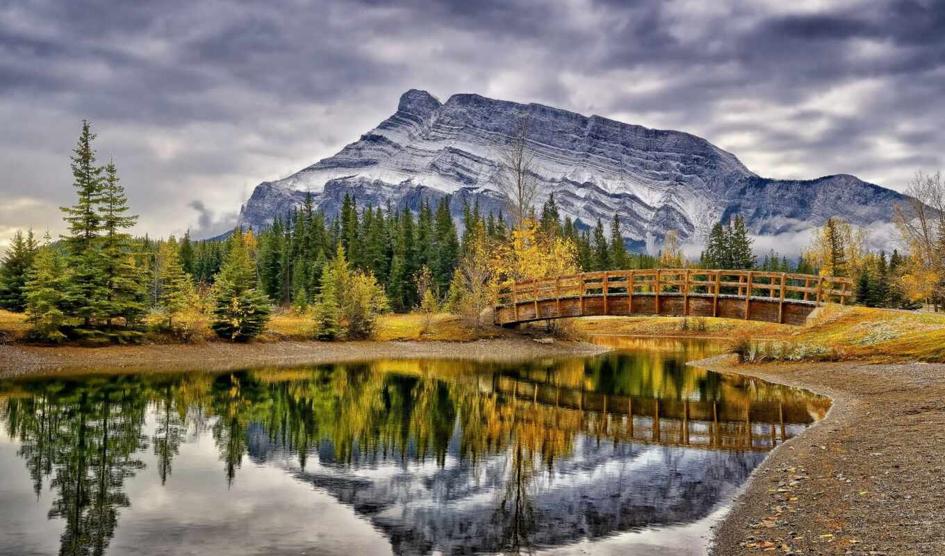 природа, пейзажи -, лес, мост, канада, осень, пруд, park, trees, канадский, горы