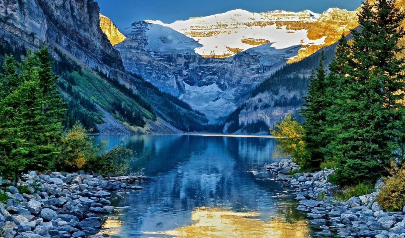 lake, tree, stone, mountain, Canada, park, national, banff