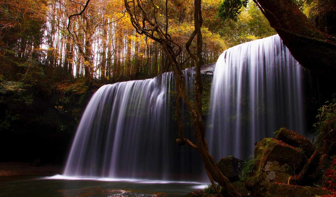 природа, лес, осень, река, водопад, trees
