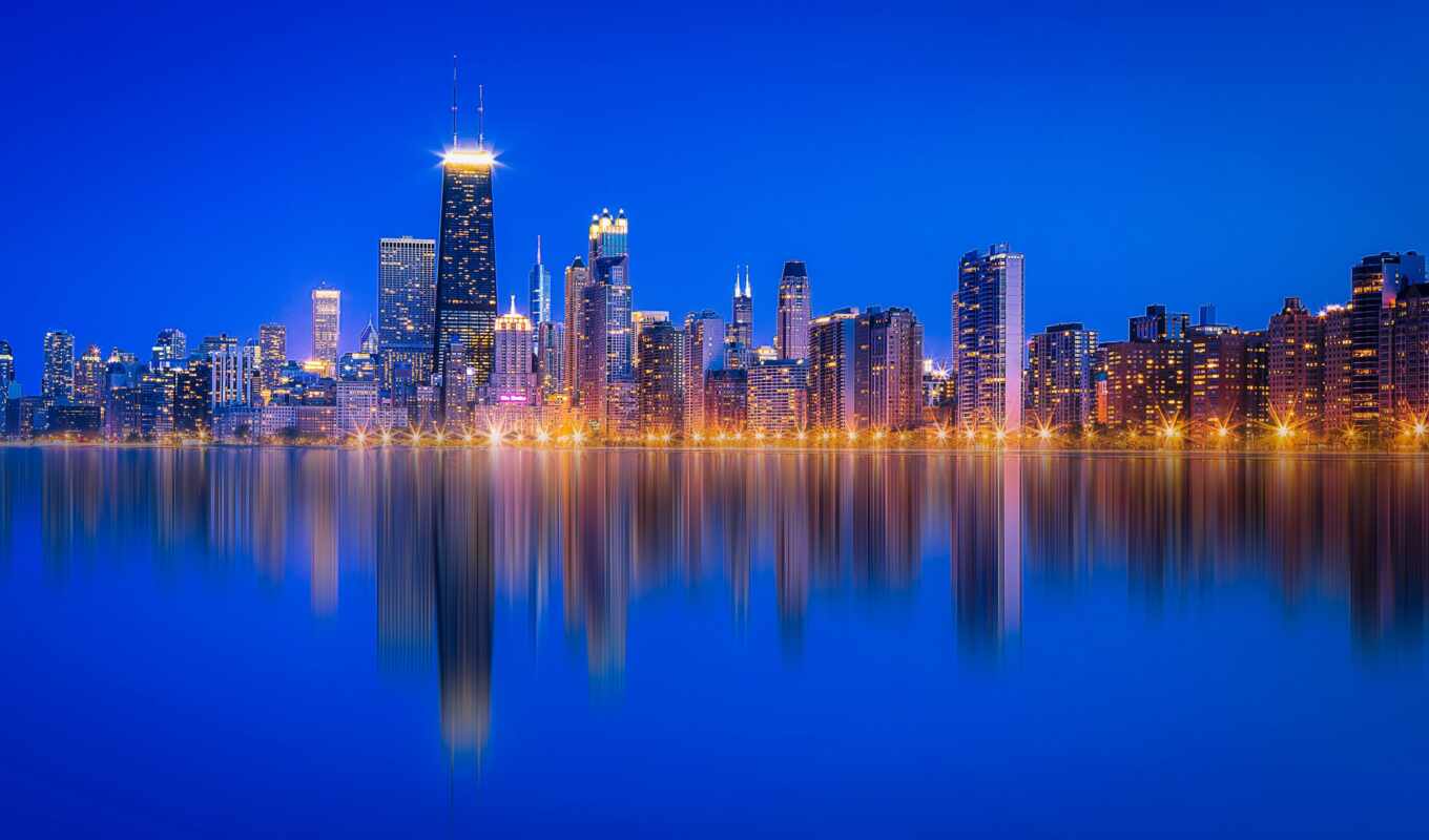 озеро, commercial, отражение, michigan, небоскрёб, chicago