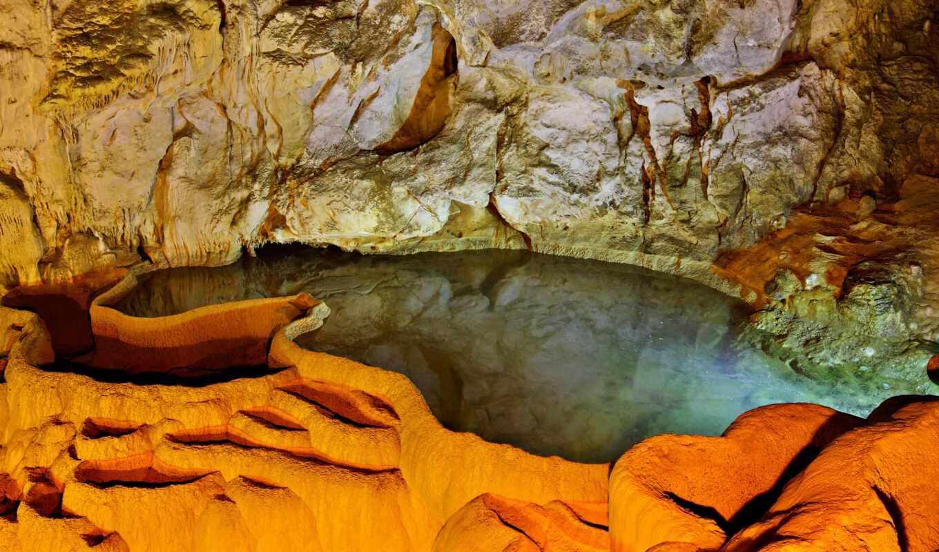 lake, cave, greece, cables