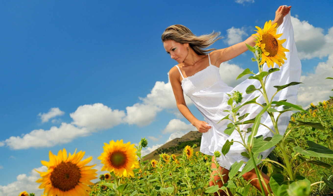 girl, sun, field, sunflowers