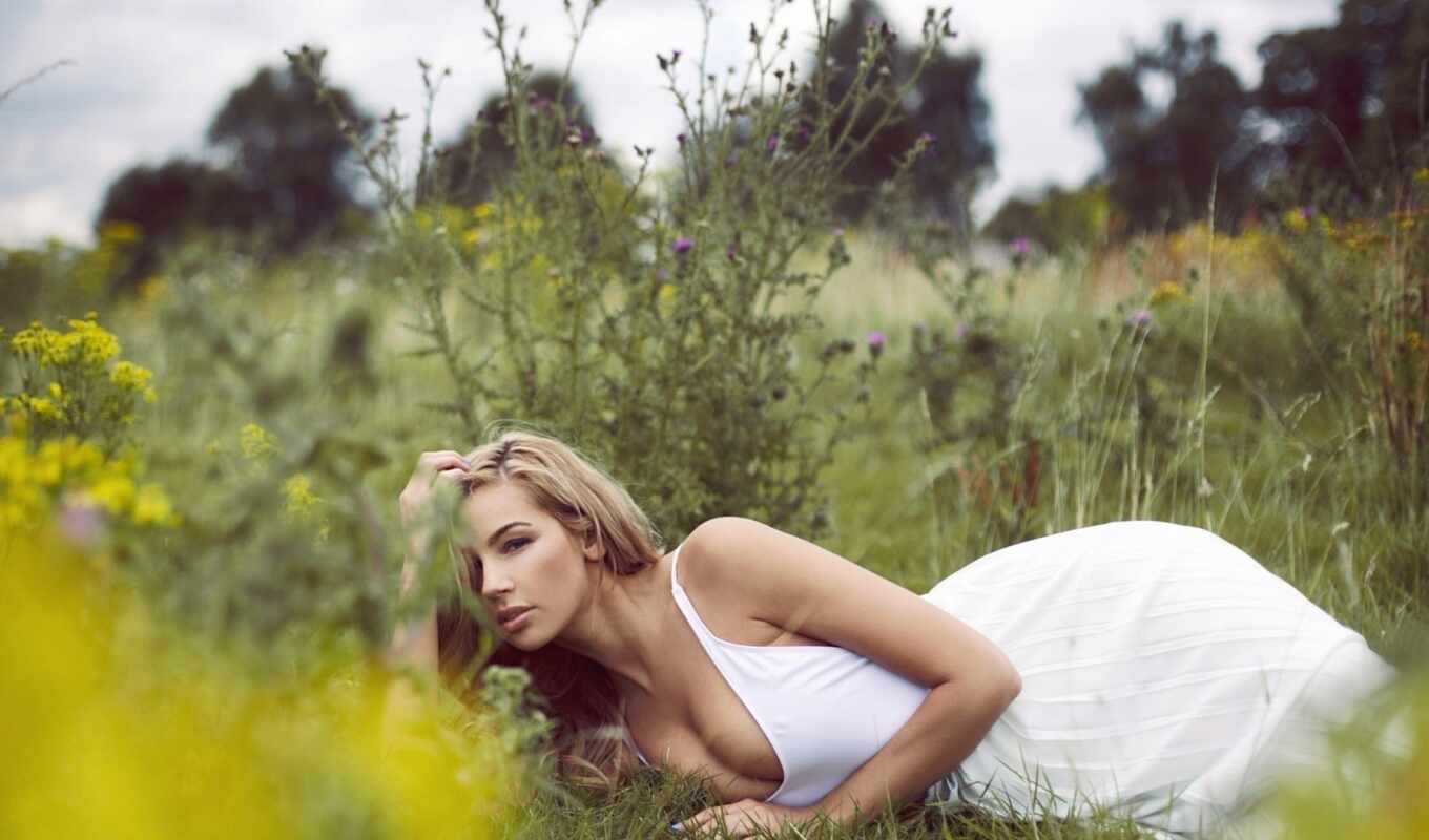 nature, girl, white, grass, forest, field, erotic, dress, side, beautiful, lie