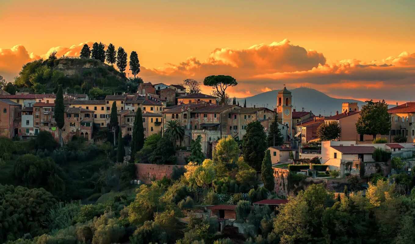 house, дерево, закат, landscape, облако, башня, build, town, italy, tuscany, palaia