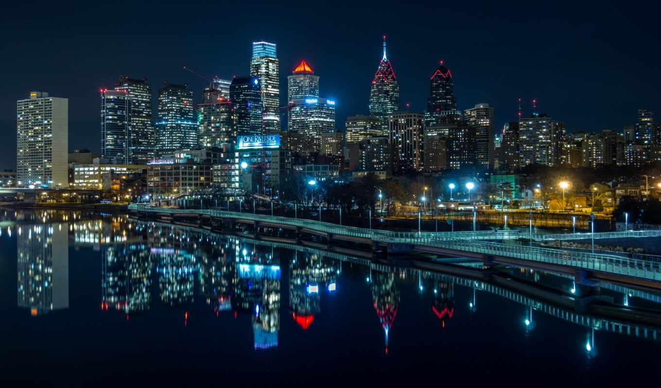 city, night, lights, usa, river, reflection, build, skyscraper, Philadelphia