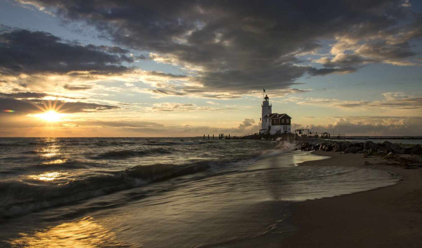 sun, beach, sea, lighthouse, pier, coast, morning, Spain, rising, blanka