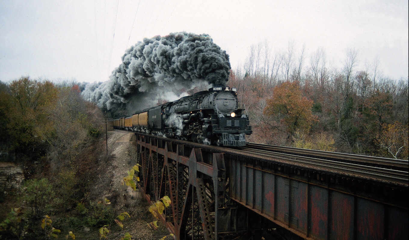 изображение, дым, мост, iron, локомотив, ванна, паровоза, въезжает, вагонами