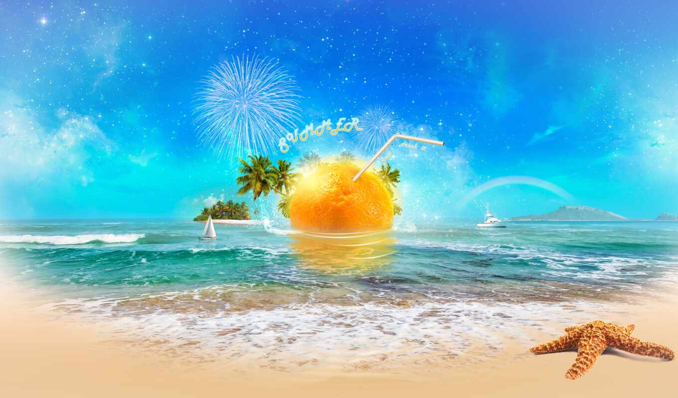 art, summer, digital, sun, пляж, море, песок, оранжевый, tema, firework, apelsin