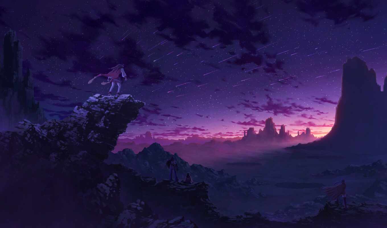 purple, anime, sunset, mountain, rock, cloud, anim, pin, art, discover