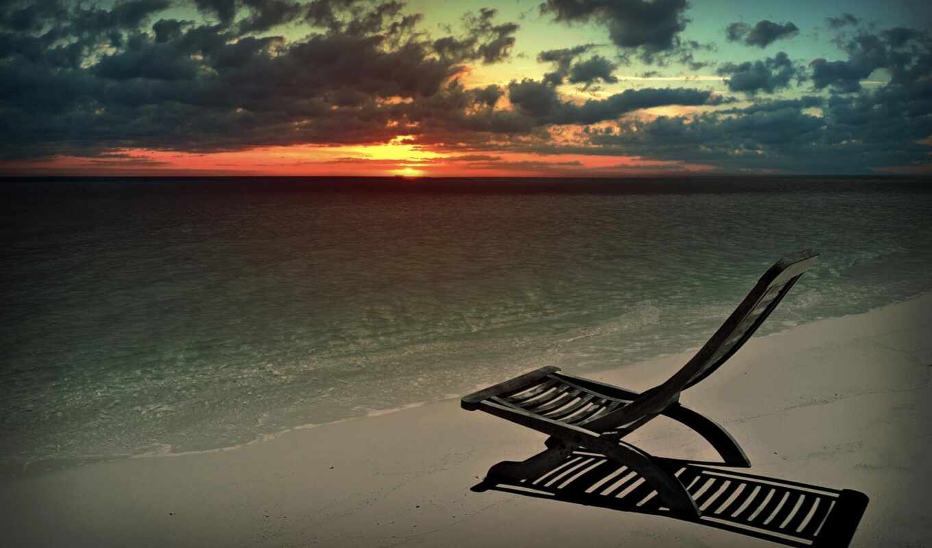 природа, закат, пляж, море, кресло, шезлонг