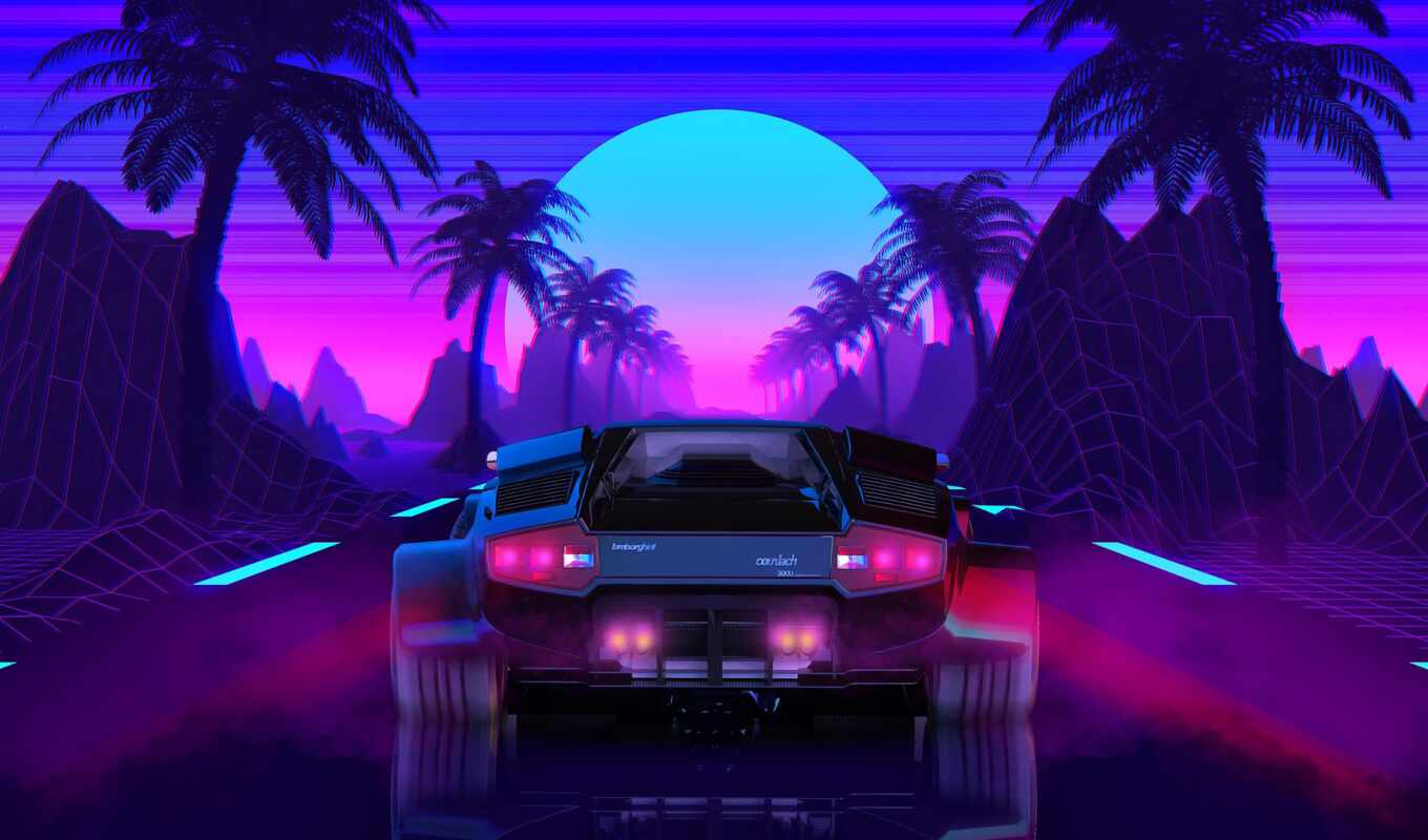 view, retro, sun, new, auto, car, from behind, neon, retrowave, synthwave