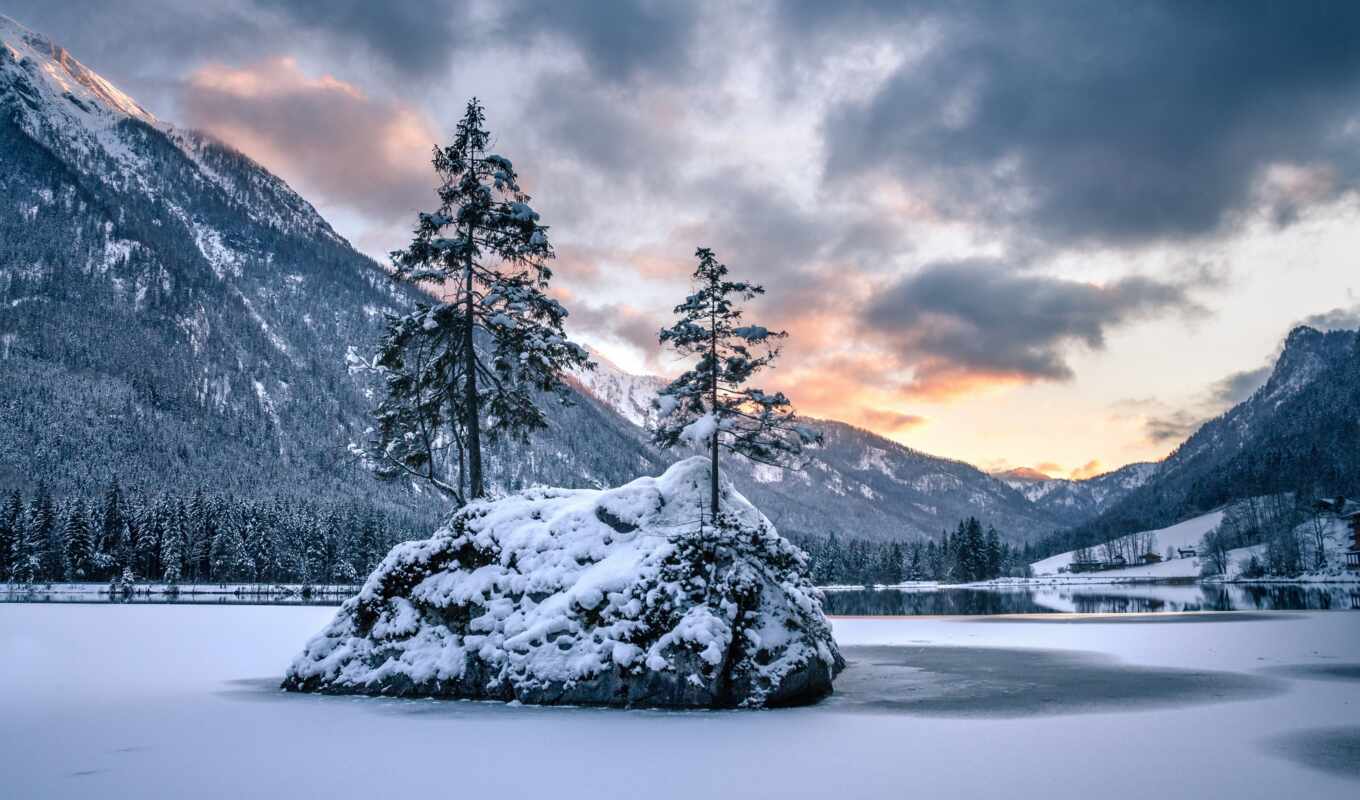 озеро, природа, снег, winter, гора, германия, остров, альпы, berchtesgaden, бавария, hintersee