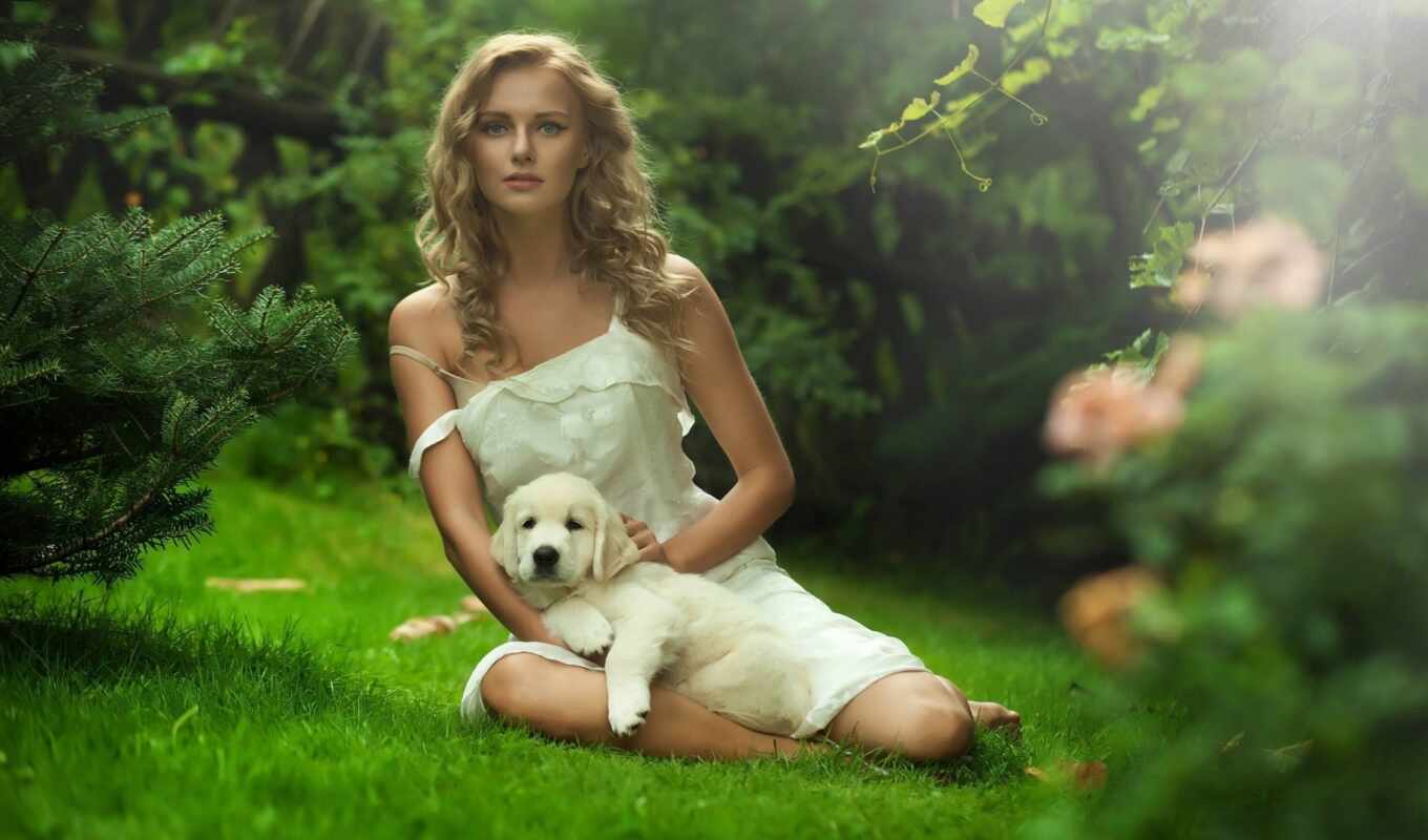 женщина, собака, sit, трава