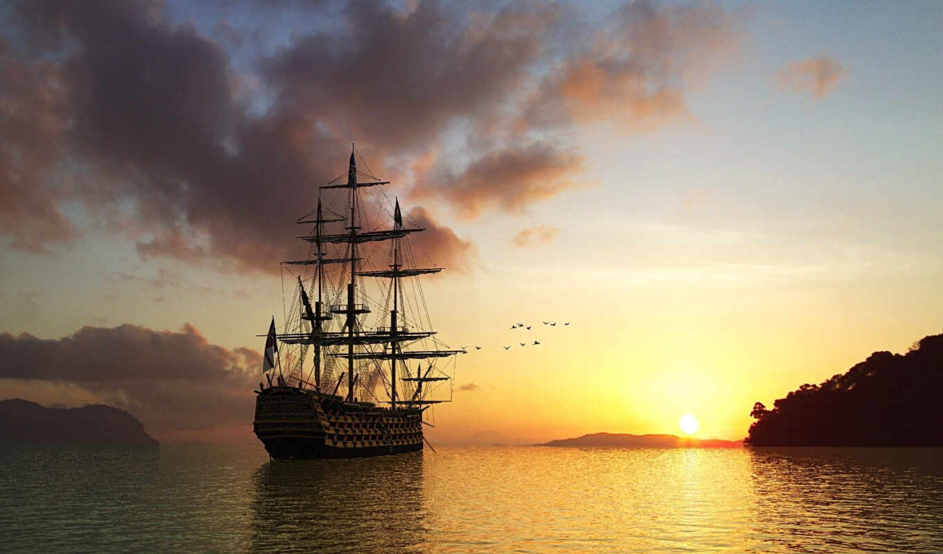 sun, ship, sea, morning, rising, birds