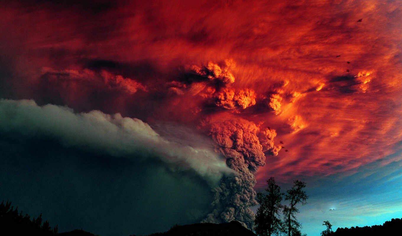 nature, sky, mountain, red, trees, volcano, eruption, ash