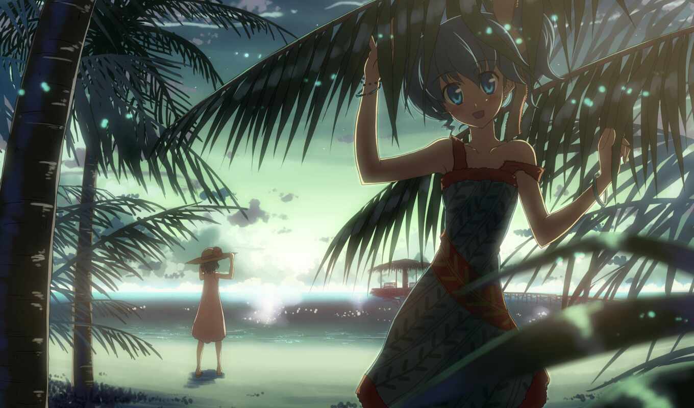 hinh, anime, girls, max, sea, palm trees, cartoon