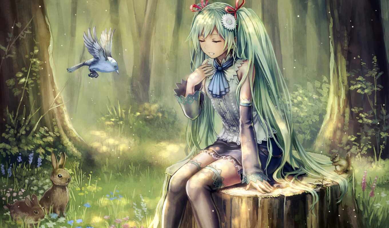 girl, picture, anime, forest, girls, photo sessions, forest, birds, the woods