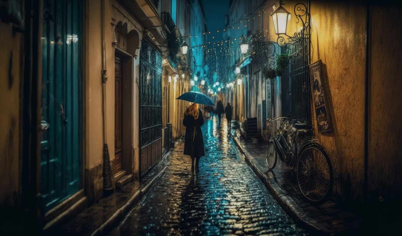 art, девушка, дождь, улица, париж, illustration, small, зонтик, аллея, ай