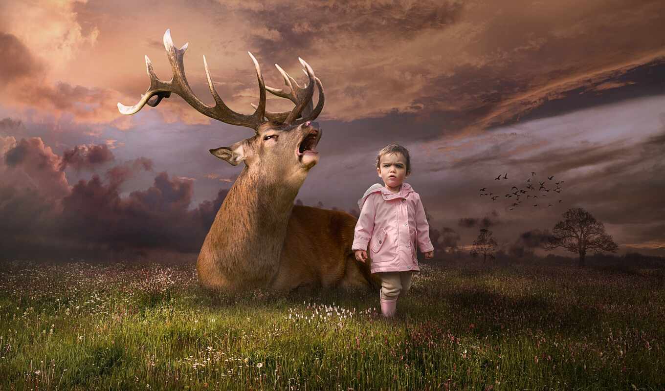 girl, grass, field, landscape, female, animal, kid, doe, dusk, atlas