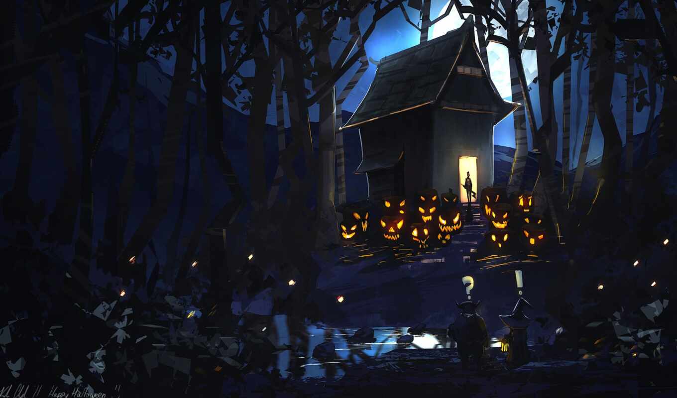house, night, moon, halloween, pumpkin