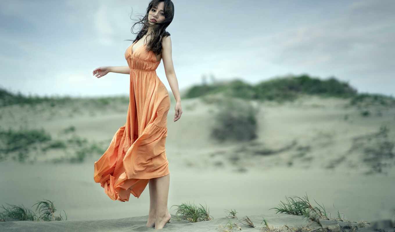 женщина, asian, платье, оранжевый