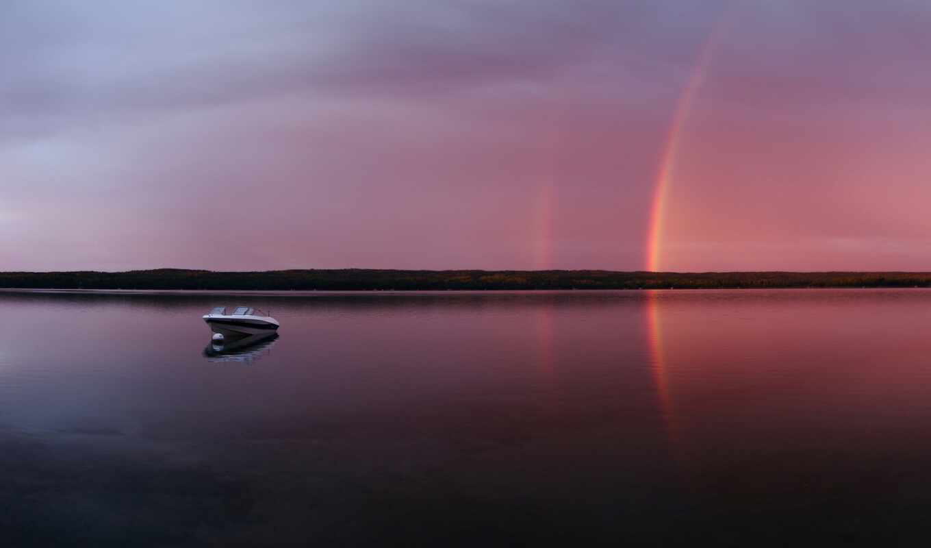 lake, rainbow, sunset
