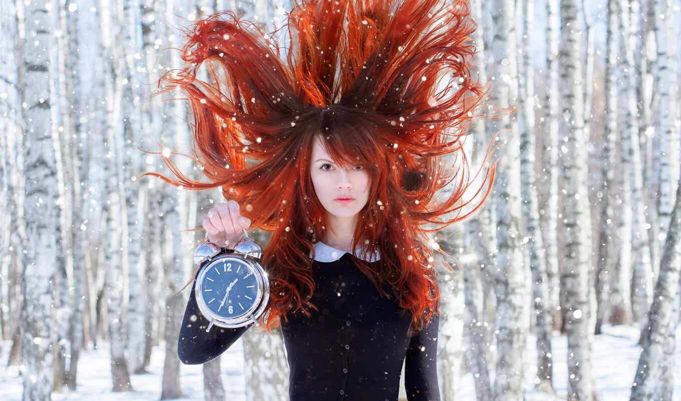 девушка, часы, red, дерево, волосы, ветер, outdoors, hour, береза, fore, видомии