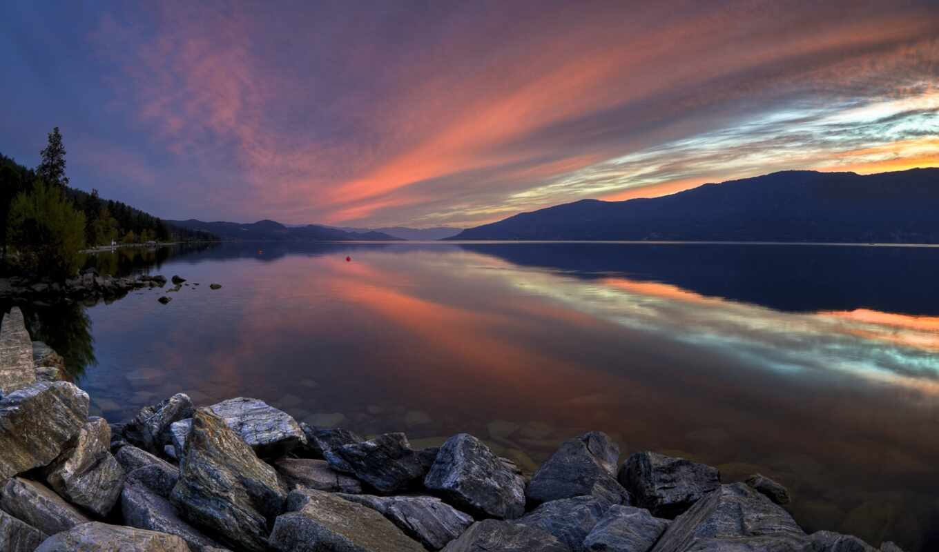 lake, nature, tree, sunset, water, landscape, british, Canada, cloud, reflection, columbia