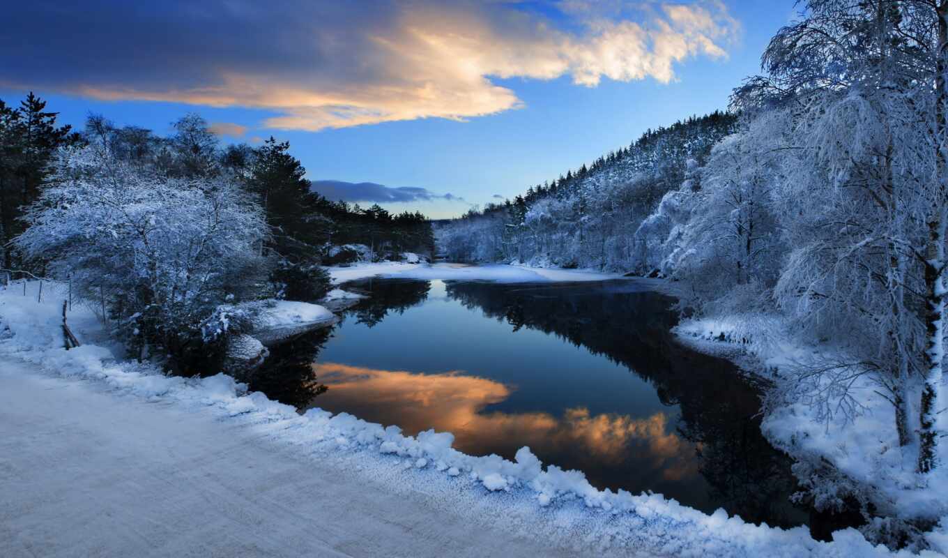 природа, снег, красивые, winter, лес, день, река, trees, piano