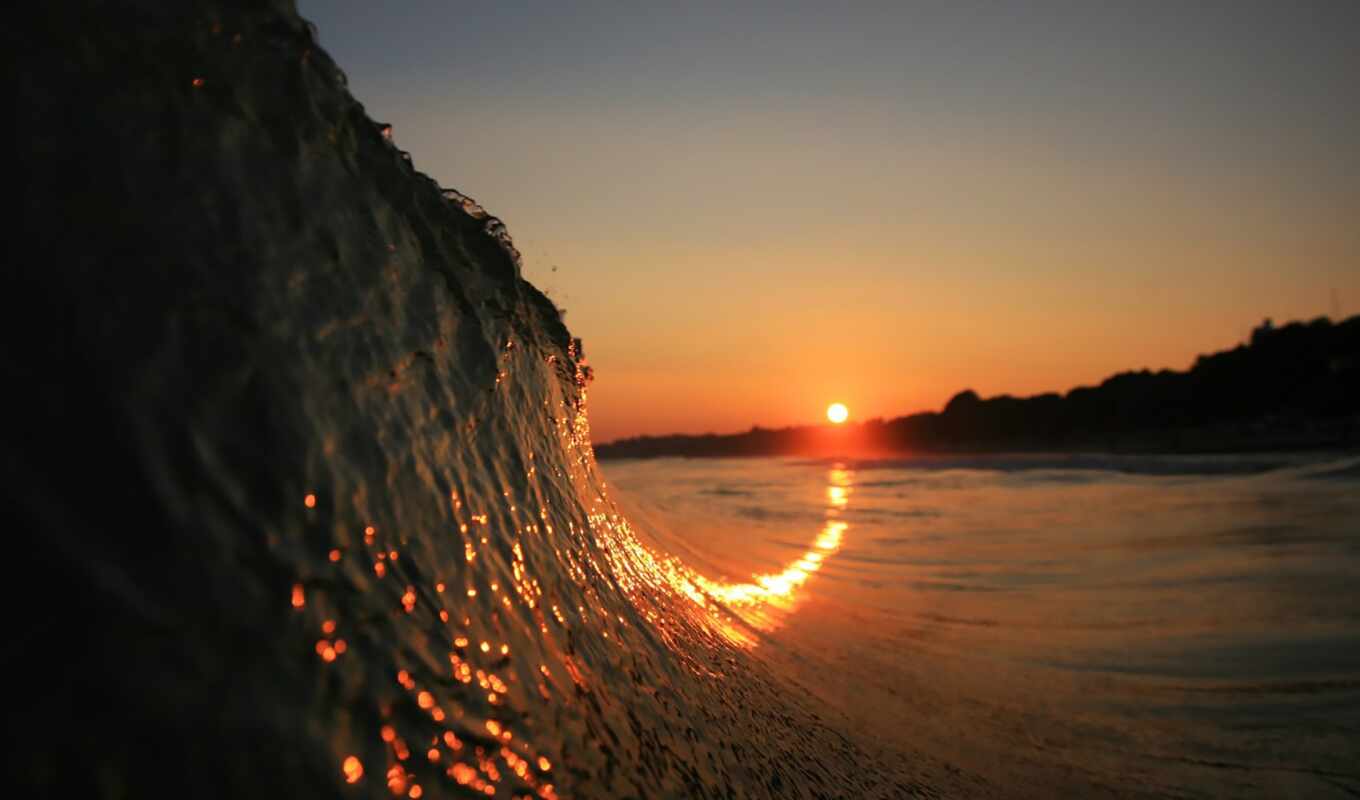 sunset, beach, ocean, wave, coast