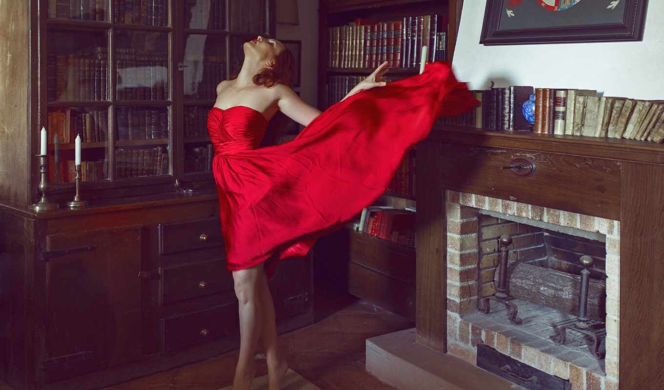 девушка, комната, книга, red, платье