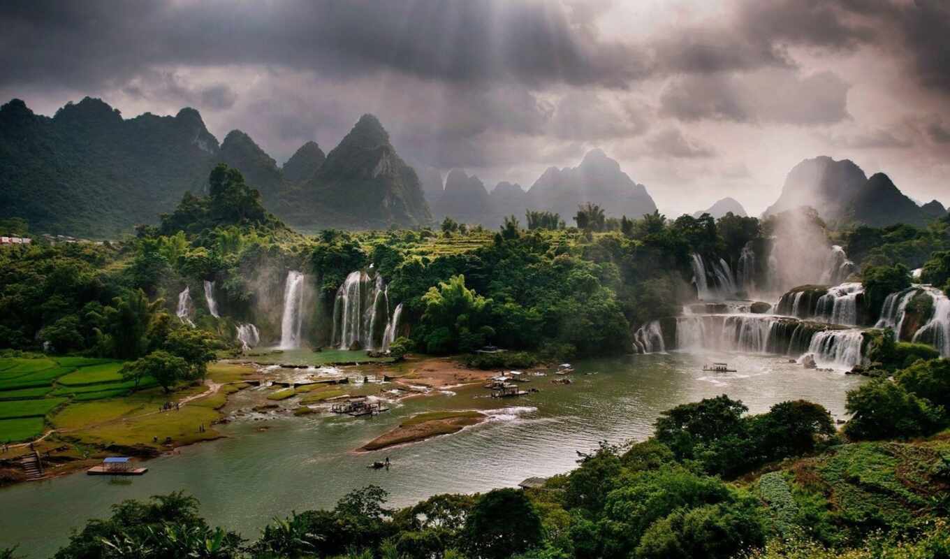 nature, river, waterfall, sunbeam, vietnam