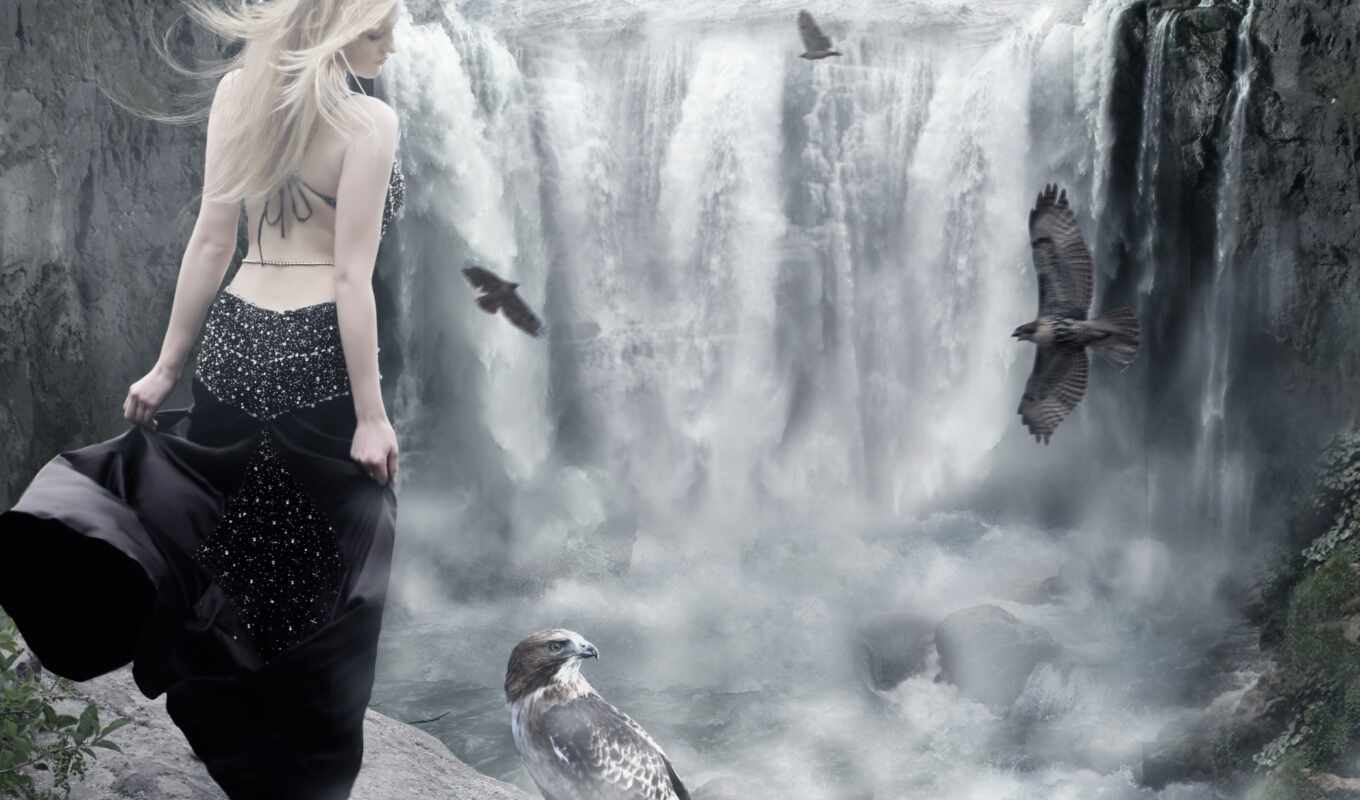 девушка, женщина, water, blonde, платье, спина, птица, водопад