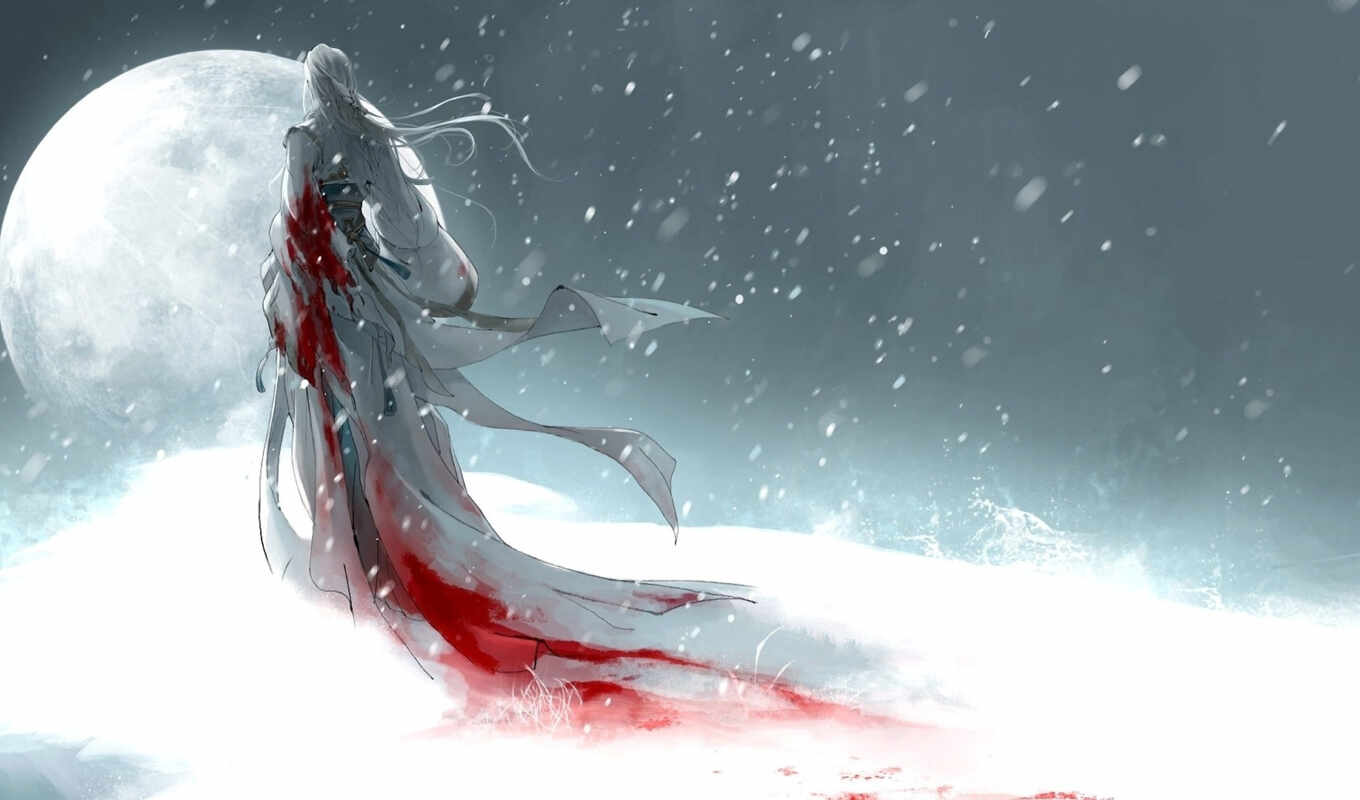 art, girl, moon, snow, blood, heise