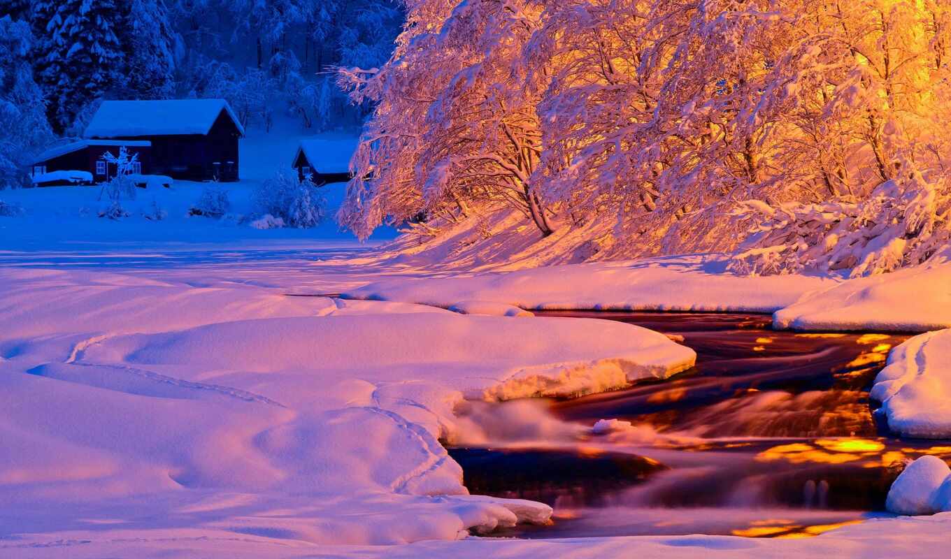 nature, light, night, snow, winter, evening, river, flow