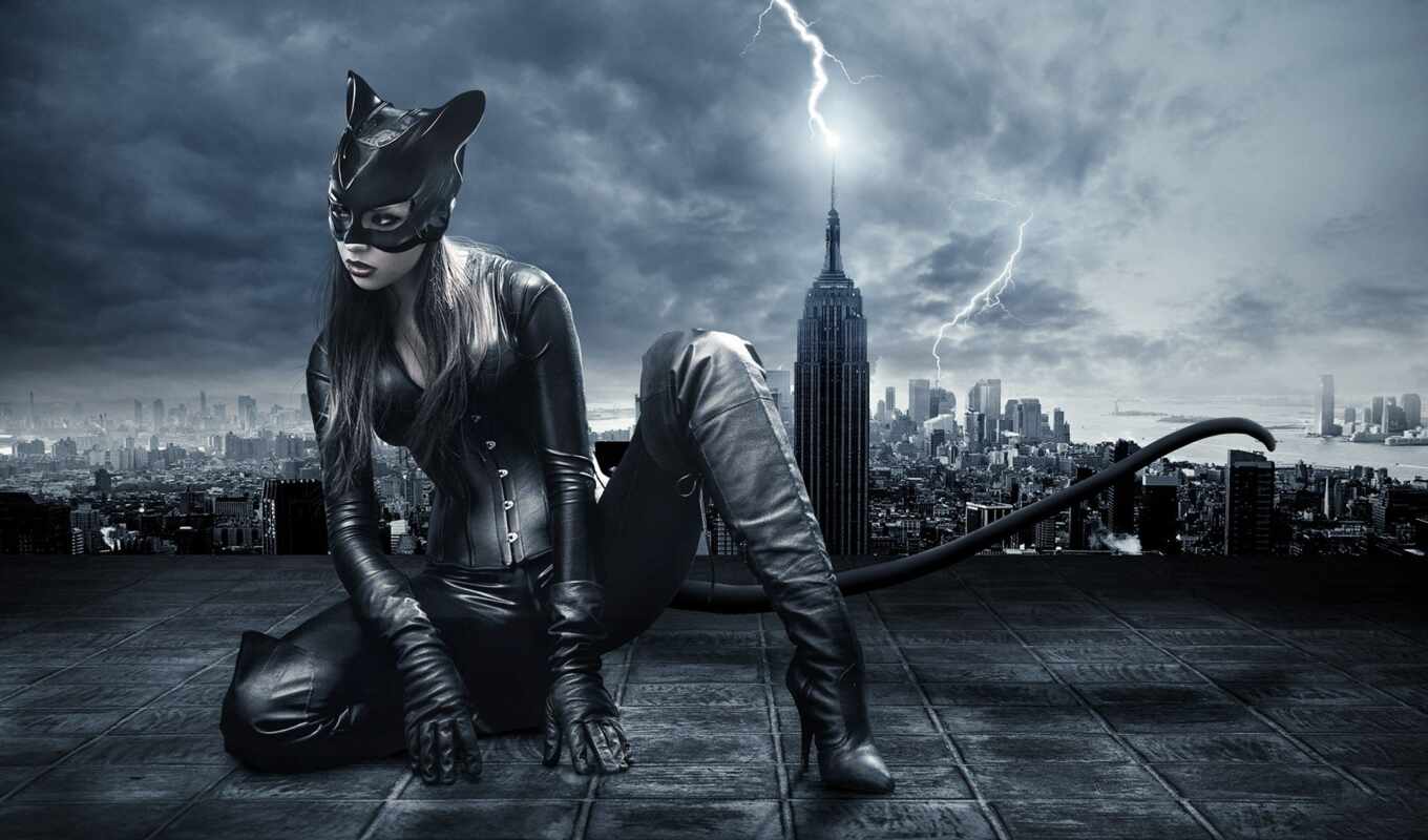 girl, woman, city, night, cat, suit, batman, mask, poster, cat woman