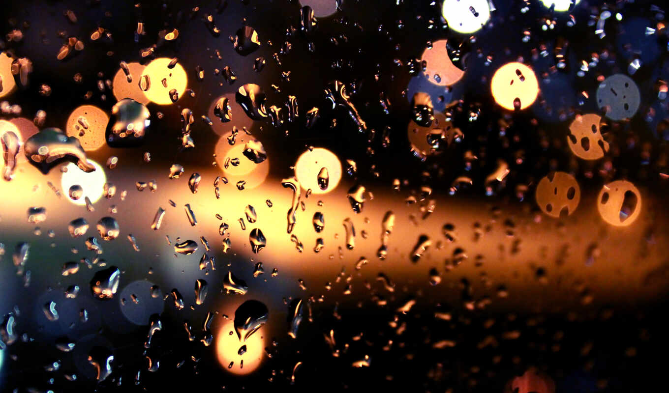 glass, drops, rain, night, lights, bokeh