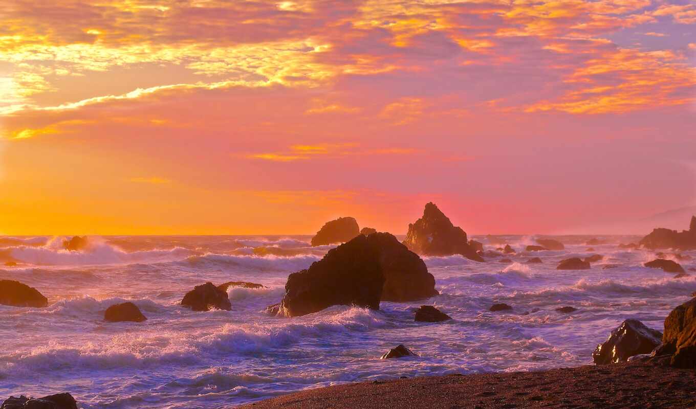 nature, sunset, sea, coast, stones, waves, rocks