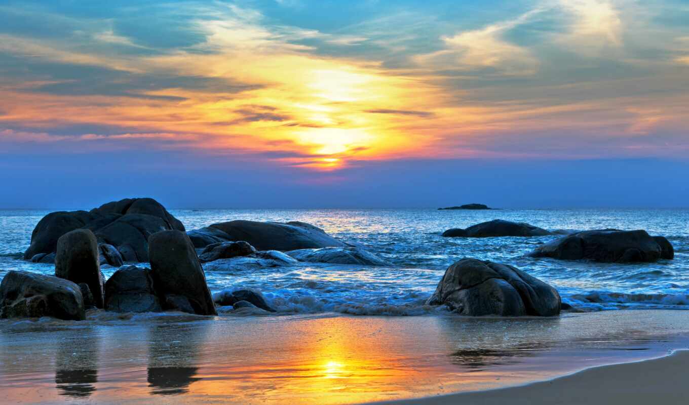 sunset, beach, sea, ocean, horizon