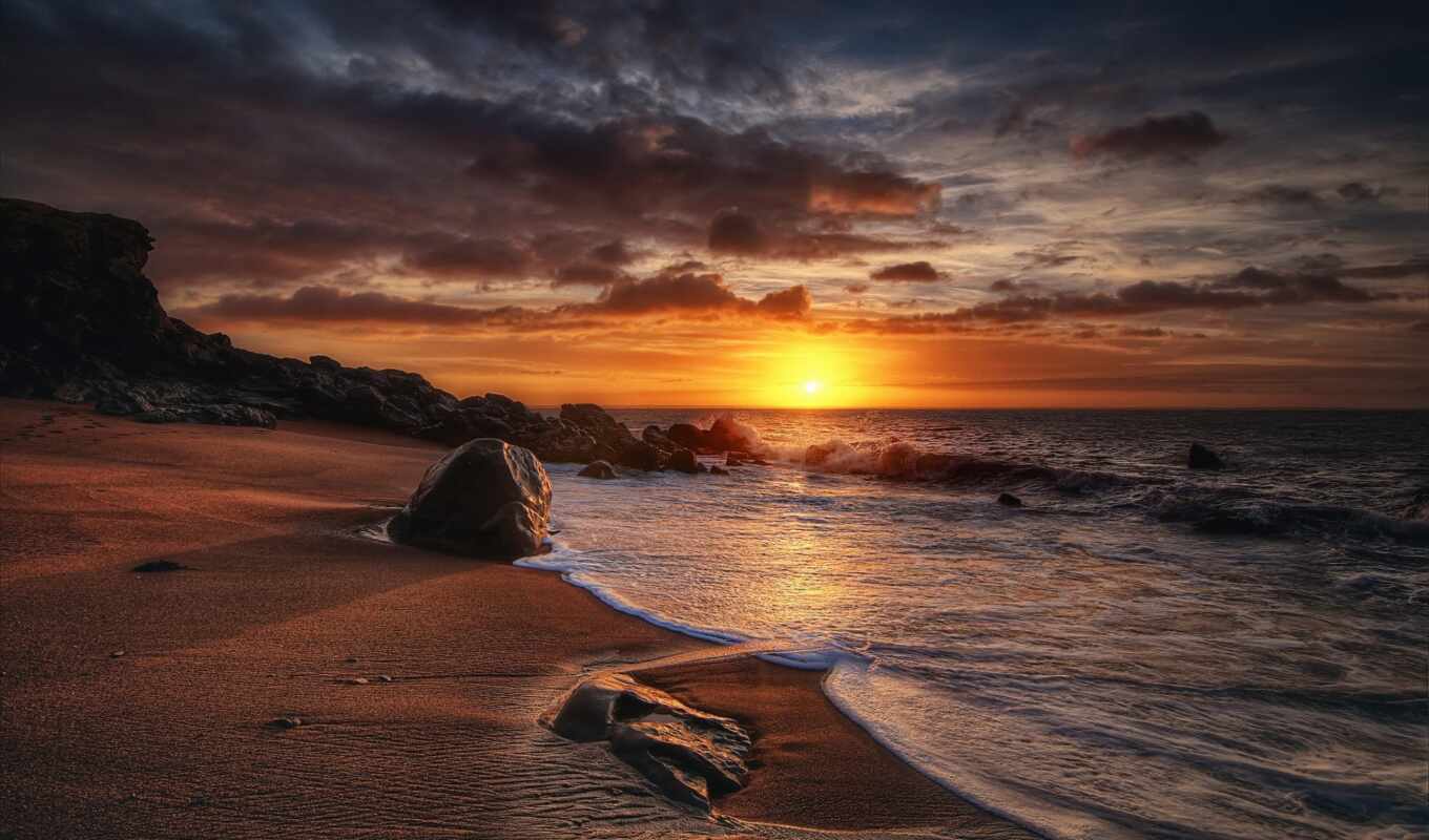 stone, sunset, beach, sea, coast, klippe