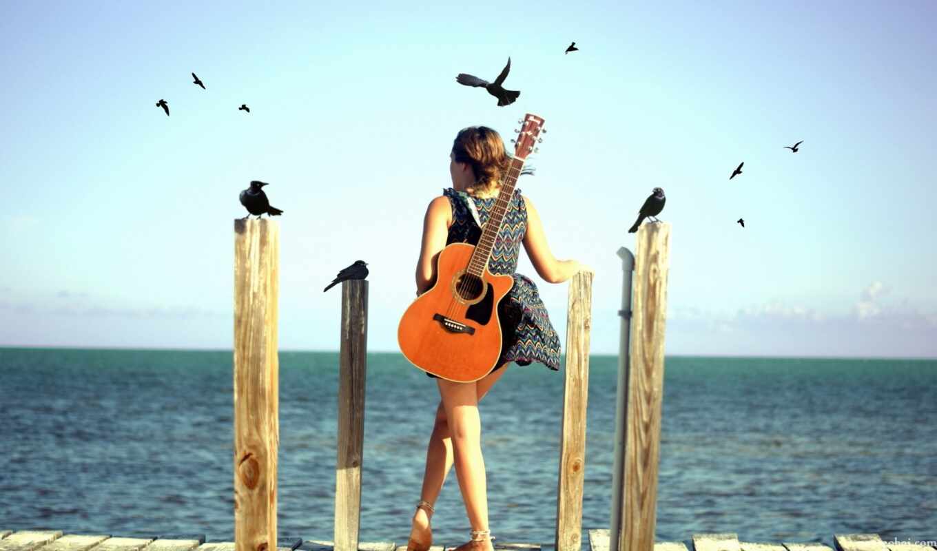 девушка, гитара, море, настроение, птицы
