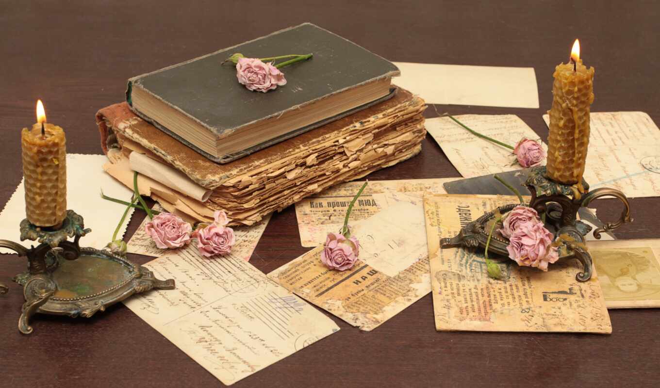 flowers, rose, book, retro, vintage, candle, old, paper